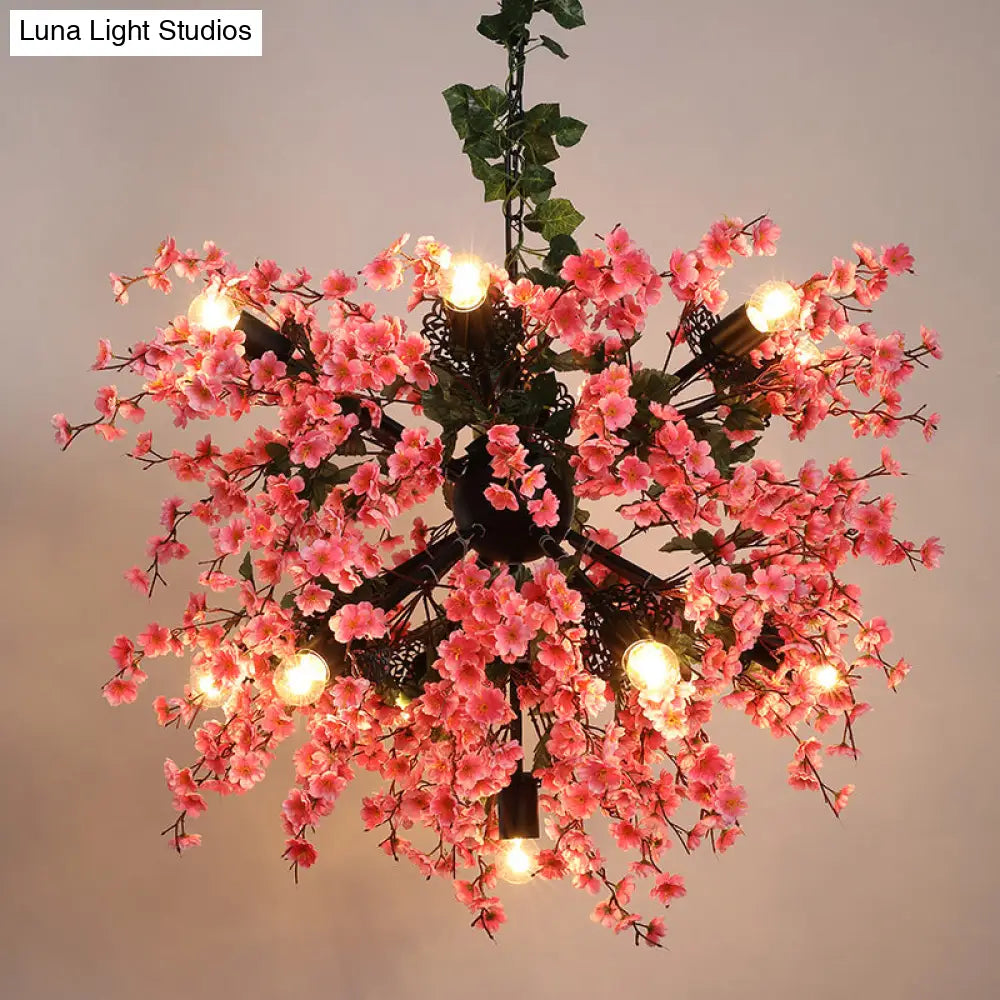 Vintage Pink Starburst Iron Ceiling Light With Cherry Blossom Decor - 13 Heads Restaurant
