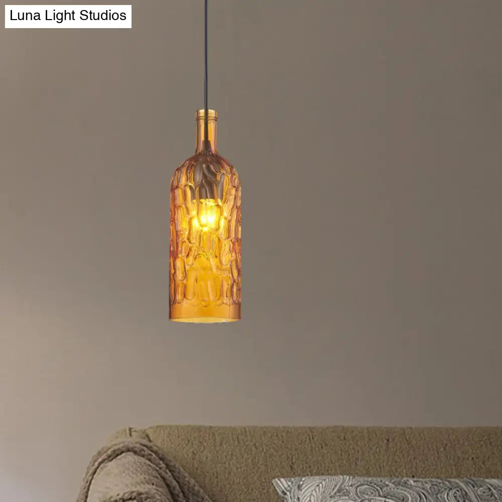 Vintage Yellow/Brown Glass Pendant Light With Dimpled Bottle Shade - 1-Light Fixture For Living Room