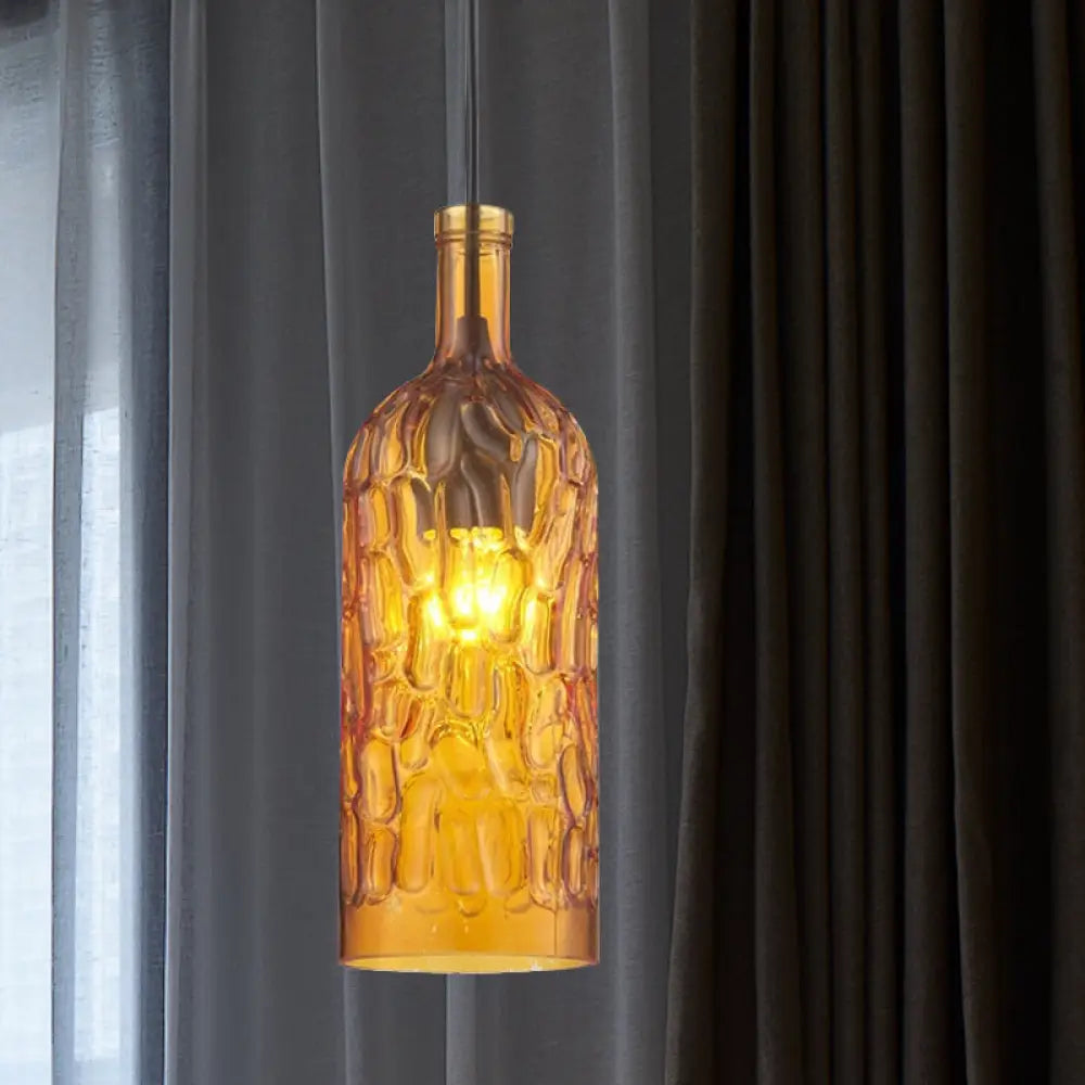 Vintage Yellow/Brown Glass Pendant Light With Dimpled Bottle Shade - 1-Light Fixture For Living
