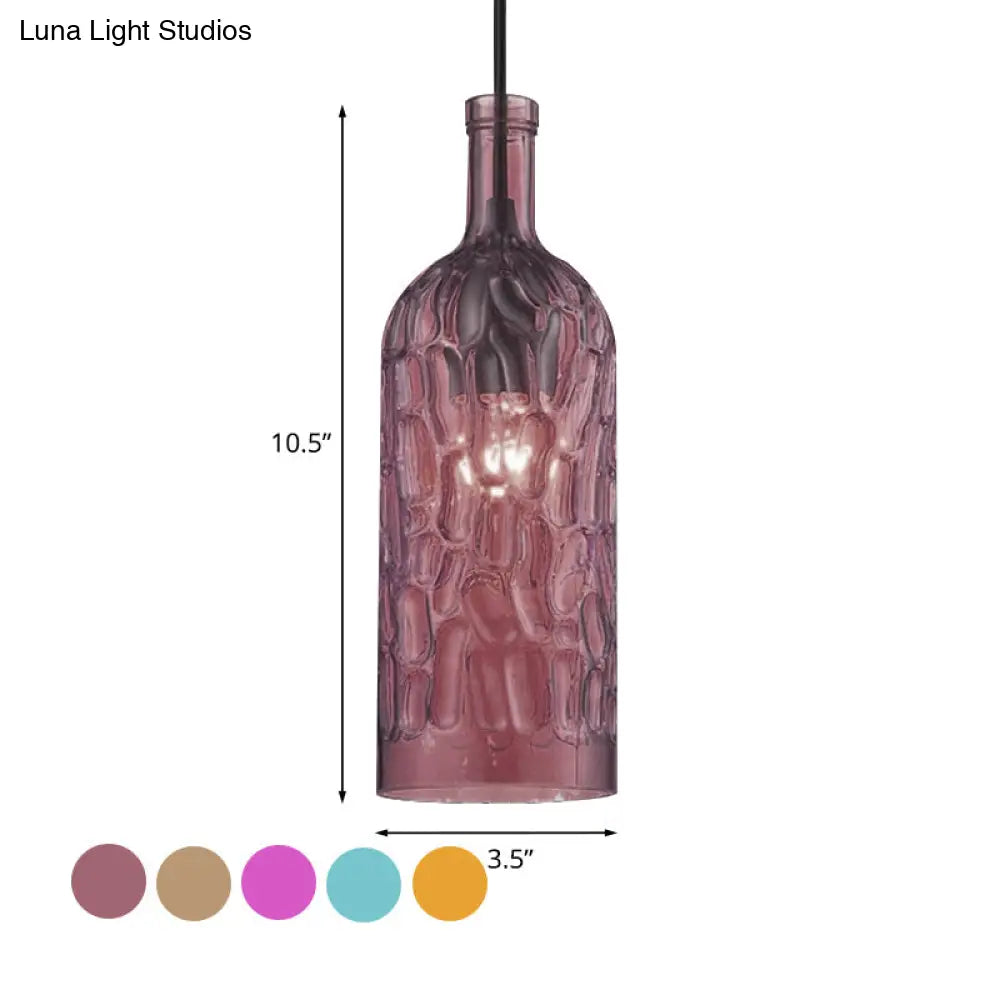 Vintage Yellow/Brown Glass Pendant Light With Dimpled Bottle Shade - 1-Light Fixture For Living Room