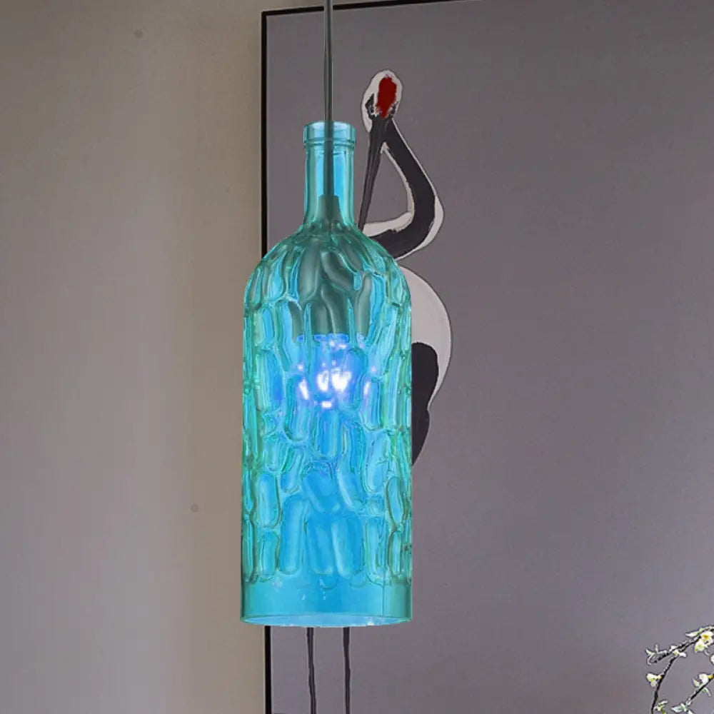 Vintage Yellow/Brown Glass Pendant Light With Dimpled Bottle Shade - 1-Light Fixture For Living