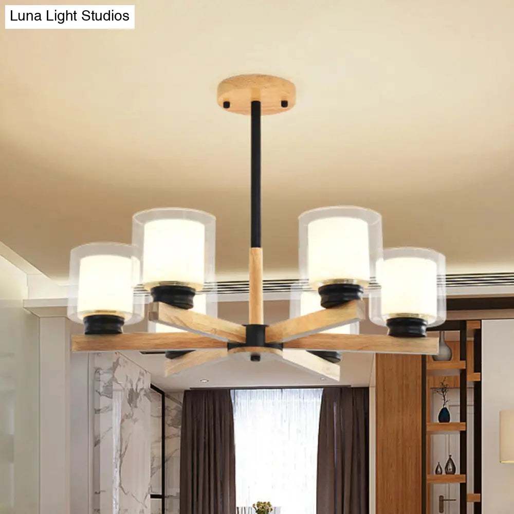 Wooden Hanging Chandelier With Double Glass Cylinder Shade - 3/6 Light Ceiling Lamp For Living Room