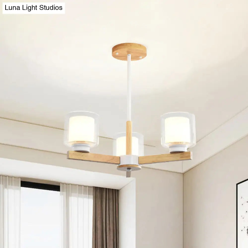 Wooden Hanging Chandelier With Double Glass Cylinder Shade - 3/6 Light Ceiling Lamp For Living Room