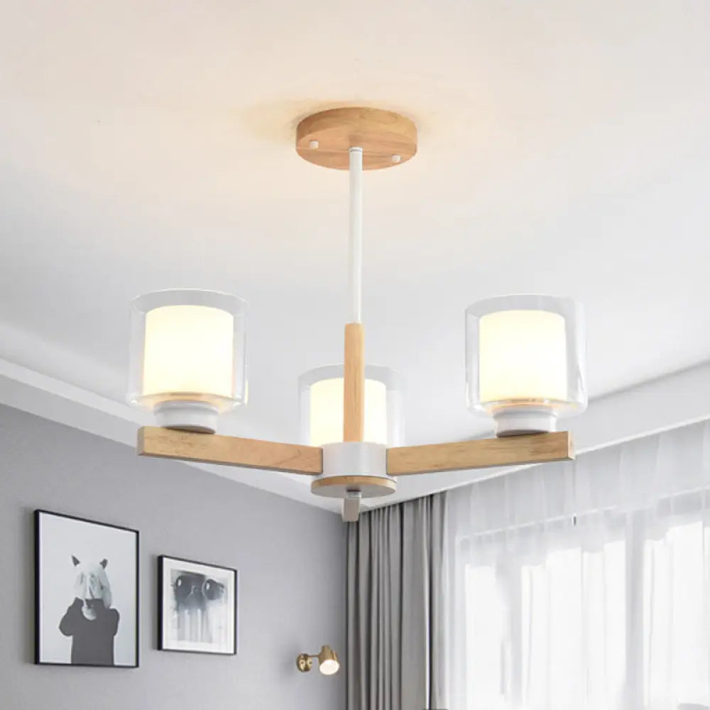 Wooden Hanging Chandelier With Double Glass Cylinder Shade - 3/6 Light Ceiling Lamp For Living Room