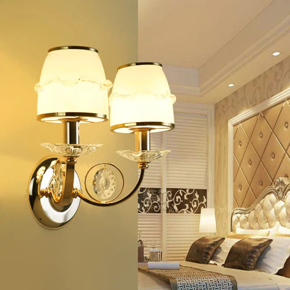 1/2-Bulb Curving Wall Light - Classic White Metal Led Lamp With Crystal Accent 2 /