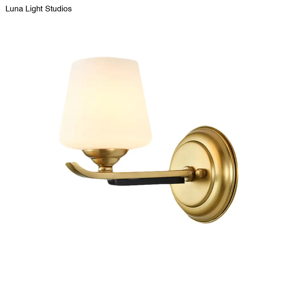 1/2-Head Up Sconce Traditional Indoor Wall Mounted Lamp With Opal Glass Shade In Brass