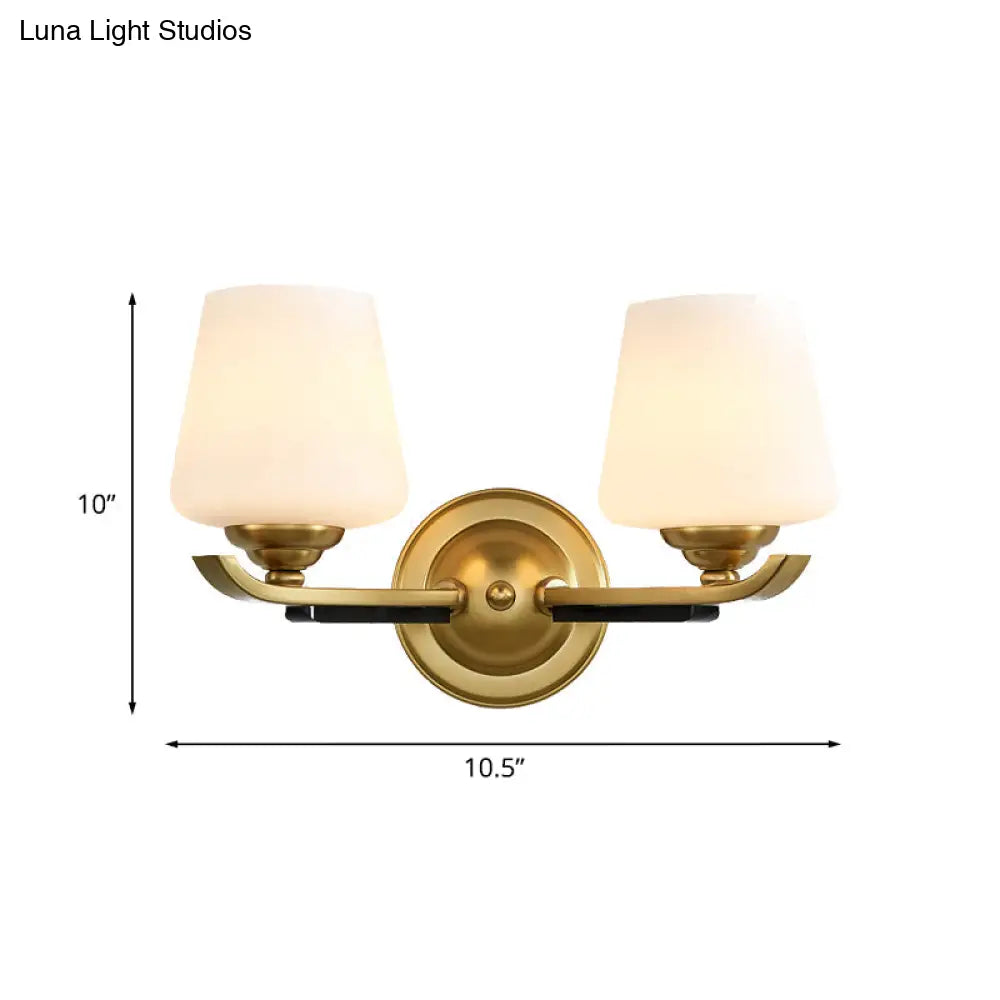 1/2-Head Up Sconce Traditional Indoor Wall Mounted Lamp With Opal Glass Shade In Brass