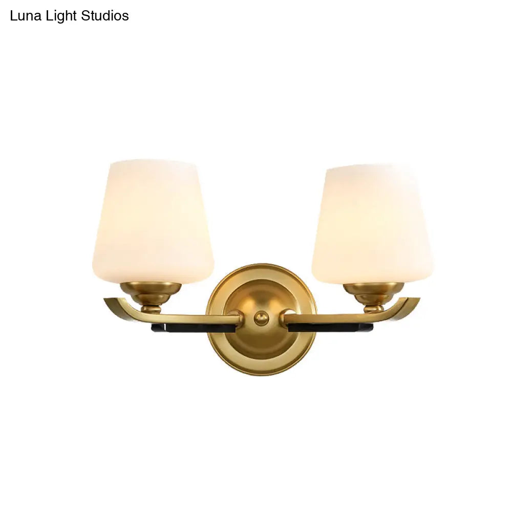 1/2-Head Up Sconce Traditional Indoor Wall Mounted Lamp With Opal Glass Shade In Brass