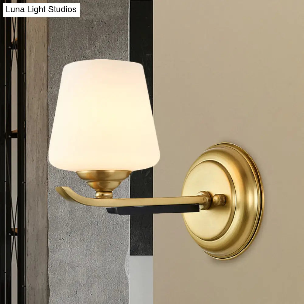 1/2-Head Up Sconce Traditional Indoor Wall Mounted Lamp With Opal Glass Shade In Brass