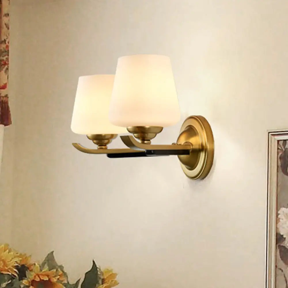 1/2-Head Up Sconce Traditional Indoor Wall Mounted Lamp With Opal Glass Shade In Brass 2 /