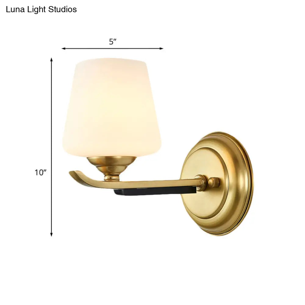 1/2-Head Up Sconce Traditional Indoor Wall Mounted Lamp With Opal Glass Shade In Brass