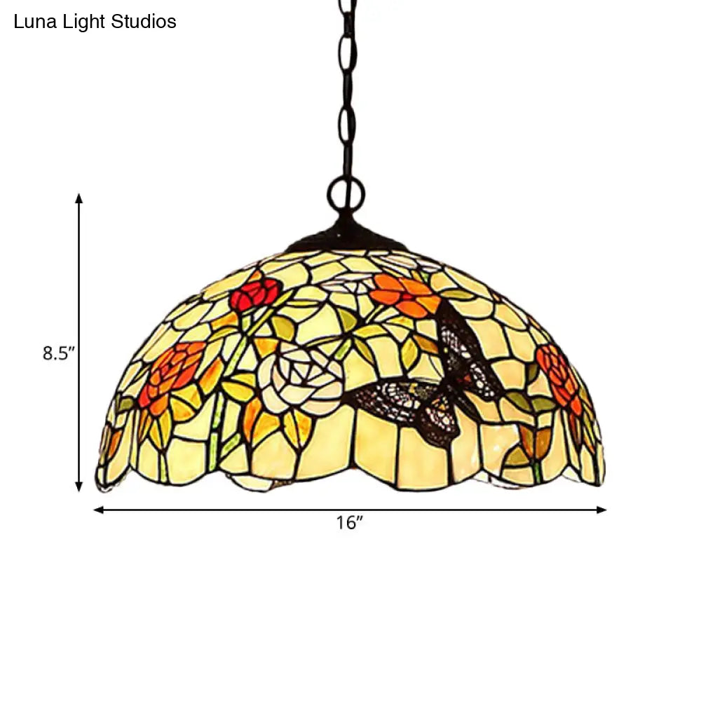 Mediterranean Bronze Kitchen Chandelier Pendant Light With Red/Yellow Cut Glass Shade - 12/16 W