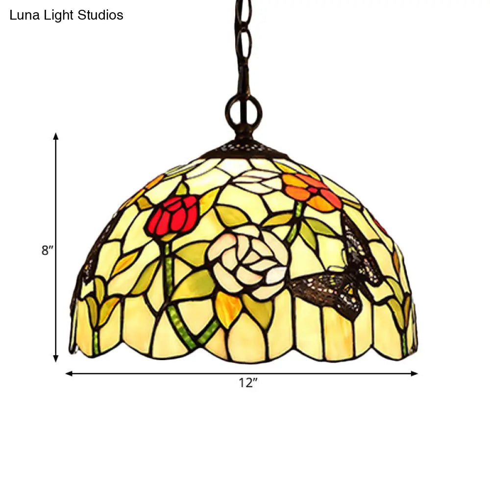 Mediterranean Bronze Kitchen Chandelier Pendant Light With Red/Yellow Cut Glass Shade - 12/16 W