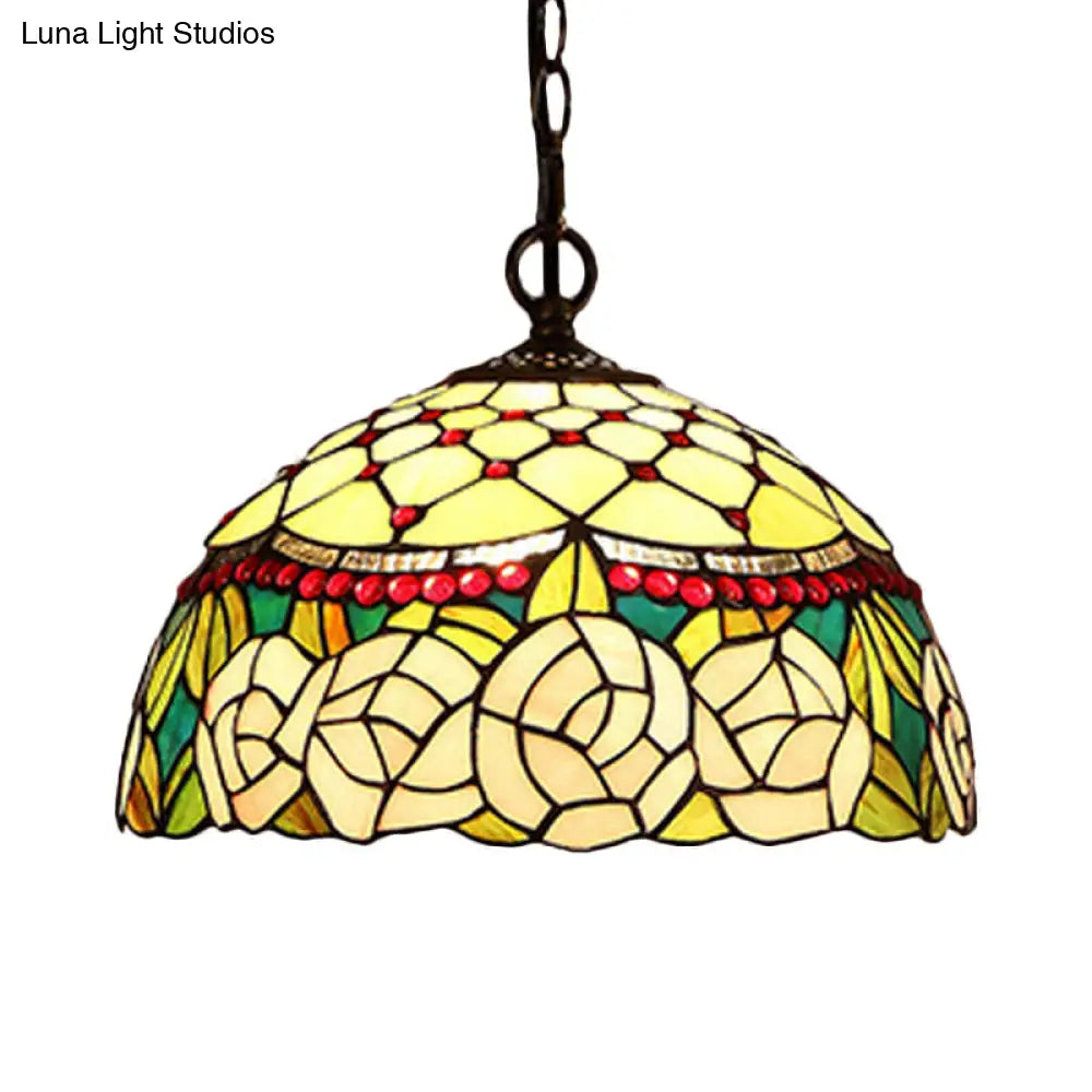 Mediterranean Bronze Kitchen Chandelier Pendant Light With Red/Yellow Cut Glass Shade - 12/16 W