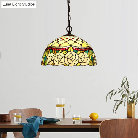 Mediterranean Bronze Kitchen Chandelier Pendant Light With Red/Yellow Cut Glass Shade - 12/16 W