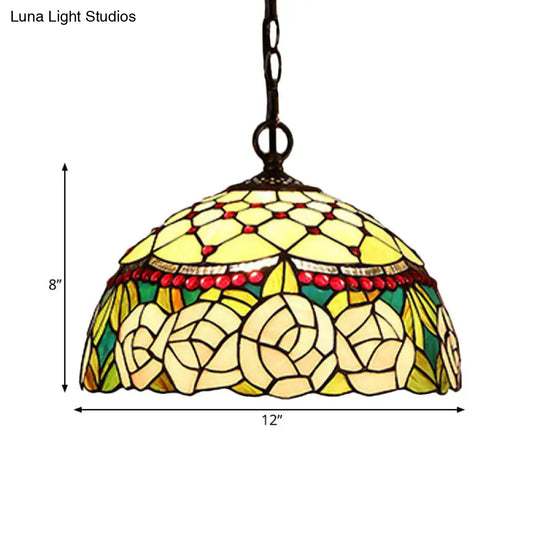 Mediterranean Bronze Kitchen Chandelier Pendant Light With Red/Yellow Cut Glass Shade - 12/16 W