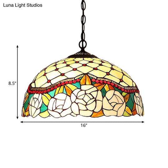 1/2-Light Mediterranean Bronze Kitchen Chandelier Pendant With Red/Yellow Glass Shade - 12’’/16’’ W