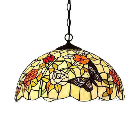 1/2-Light Mediterranean Bronze Kitchen Chandelier Pendant With Red/Yellow Glass Shade -