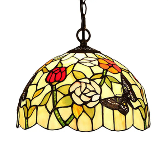 1/2-Light Mediterranean Bronze Kitchen Chandelier Pendant With Red/Yellow Glass Shade -