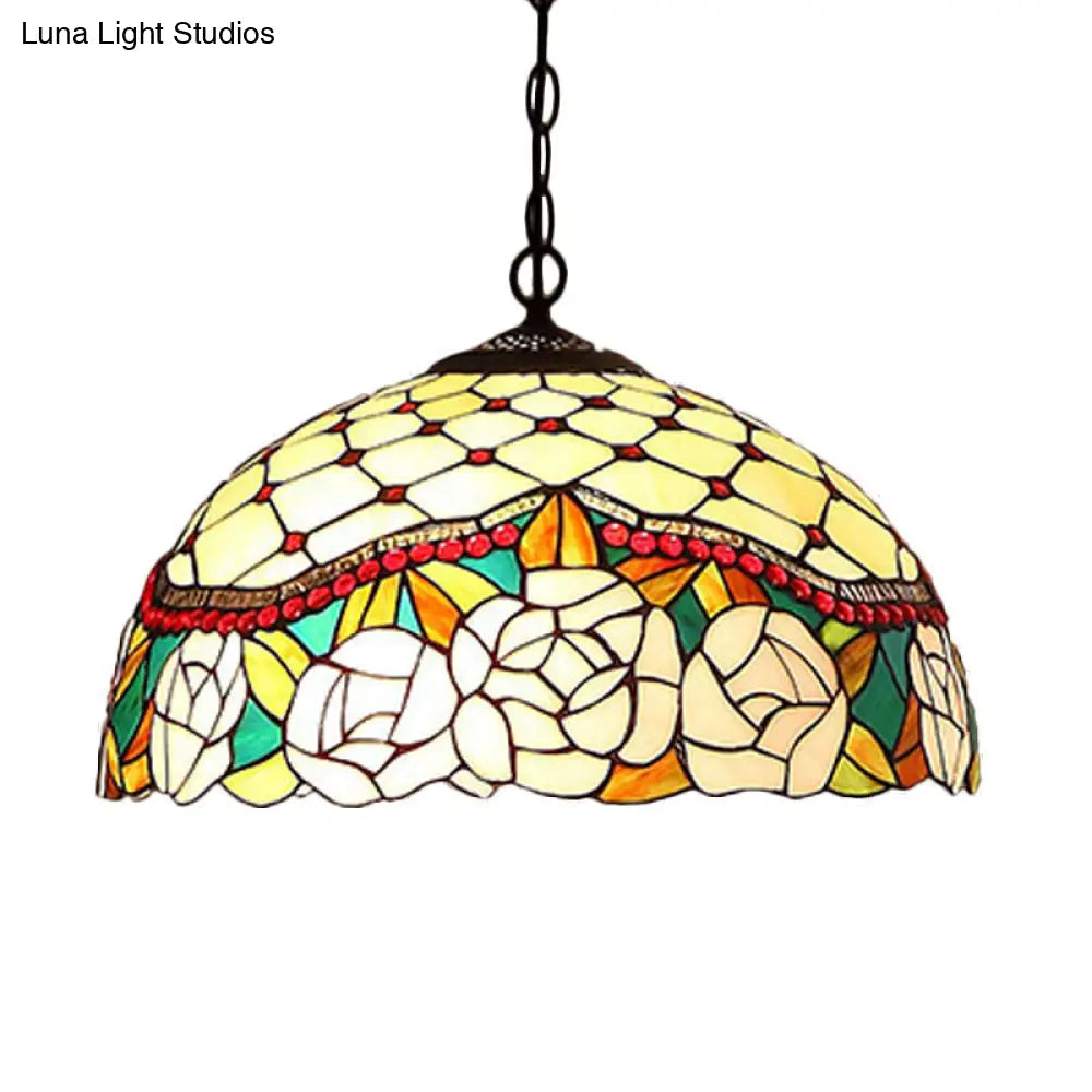 Mediterranean Bronze Kitchen Chandelier Pendant Light With Red/Yellow Cut Glass Shade - 12/16 W