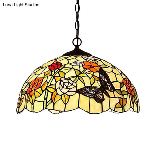 Mediterranean Bronze Kitchen Chandelier Pendant Light With Red/Yellow Cut Glass Shade - 12/16 W Red