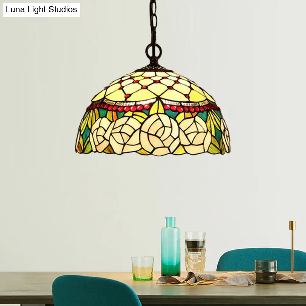 Mediterranean Bronze Kitchen Chandelier Pendant Light With Red/Yellow Cut Glass Shade - 12/16 W