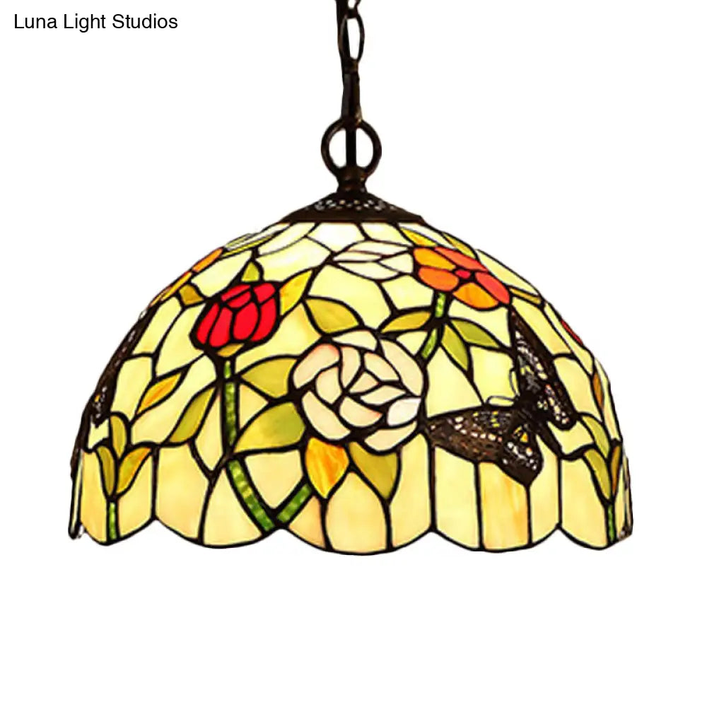 Mediterranean Bronze Kitchen Chandelier Pendant Light With Red/Yellow Cut Glass Shade - 12/16 W Red