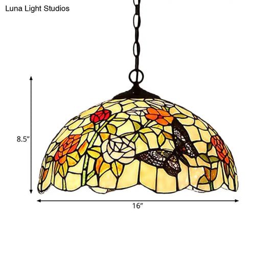 1/2-Light Mediterranean Bronze Kitchen Chandelier Pendant With Red/Yellow Glass Shade - 12’’/16’’ W