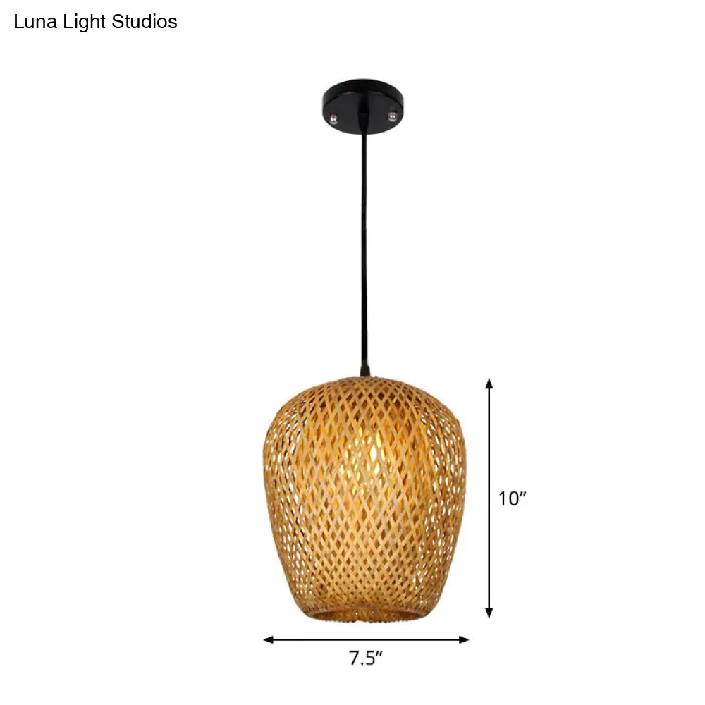 1/3-Bulb Beige Suspension Light With Bamboo Shade - Asian Style Mixed Shape/Ellipse/Droplet Hanging