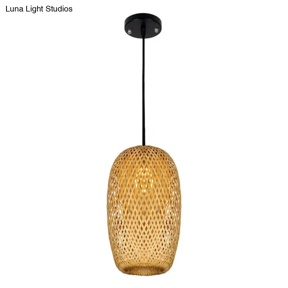 1/3-Bulb Suspension Light Beige With Bamboo Shade - Asian Inspired Hanging Pendant In Mixed