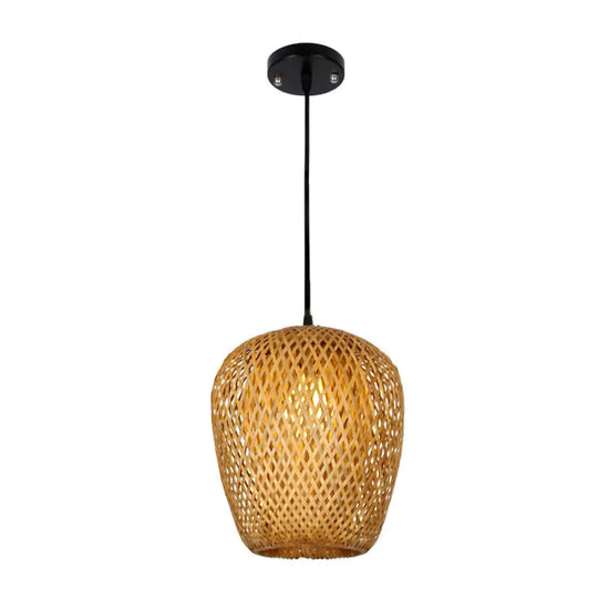 1/3-Bulb Beige Suspension Light With Bamboo Shade - Asian Style Mixed Shape/Ellipse/Droplet Hanging