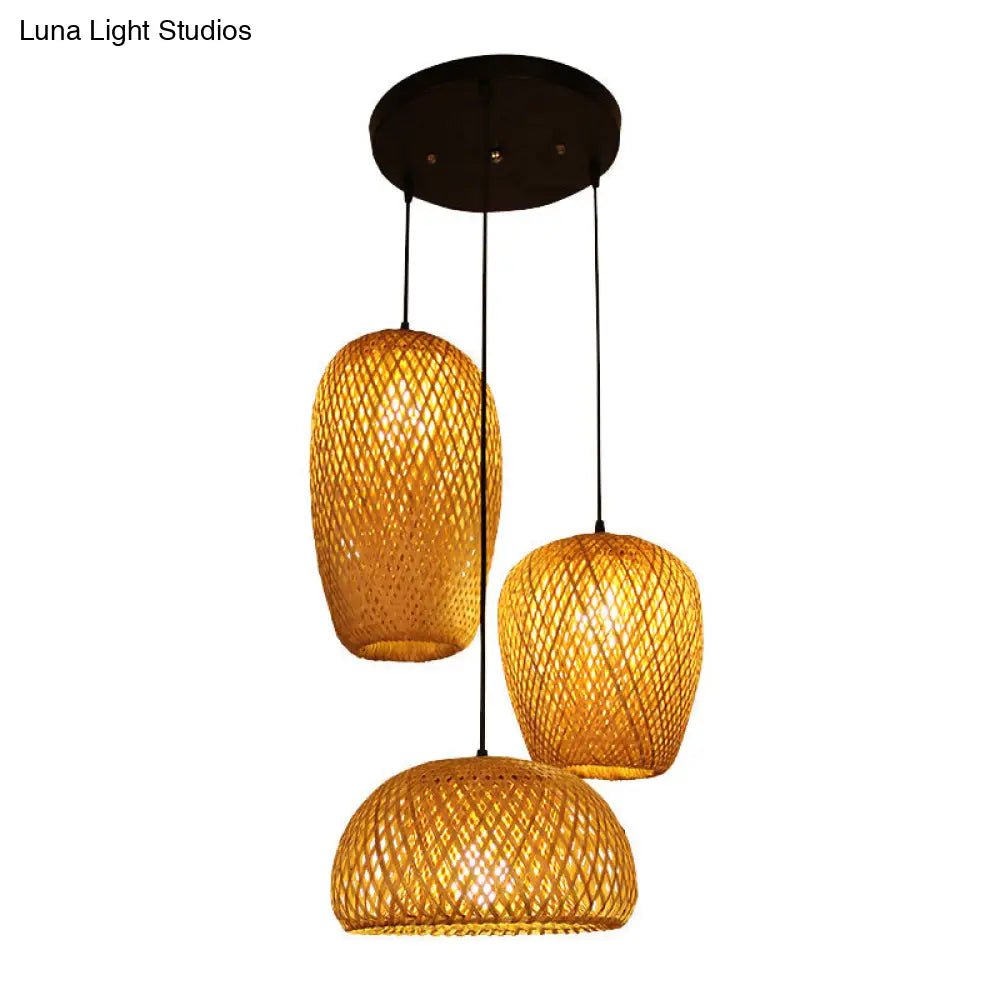 1/3-Bulb Suspension Light Beige With Bamboo Shade - Asian Inspired Hanging Pendant In Mixed