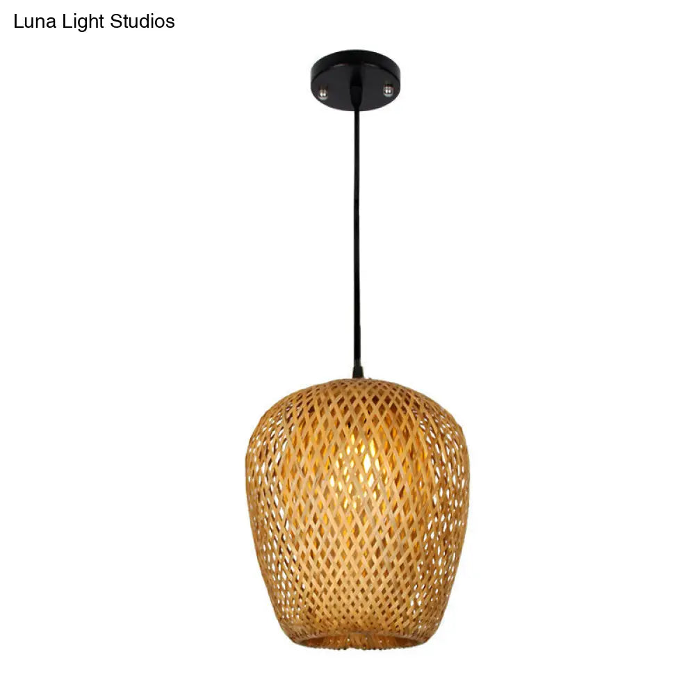 1/3-Bulb Suspension Light Beige With Bamboo Shade - Asian Inspired Hanging Pendant In Mixed