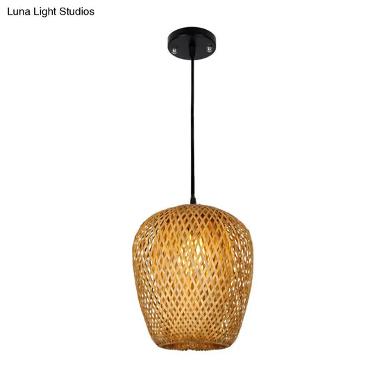 1/3-Bulb Suspension Light Beige With Bamboo Shade - Asian Inspired Hanging Pendant In Mixed