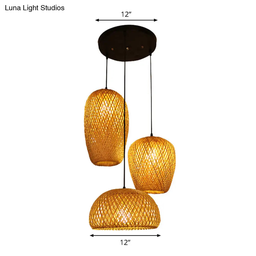 1/3-Bulb Beige Suspension Light With Bamboo Shade - Asian Style Mixed Shape/Ellipse/Droplet Hanging