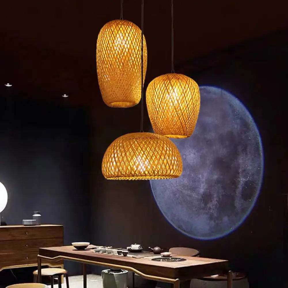 1/3-Bulb Beige Suspension Light With Bamboo Shade - Asian Style Mixed Shape/Ellipse/Droplet Hanging