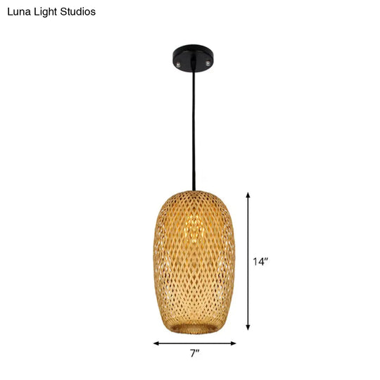 1/3-Bulb Beige Suspension Light With Bamboo Shade - Asian Style Mixed Shape/Ellipse/Droplet Hanging