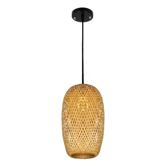 1/3-Bulb Beige Suspension Light With Bamboo Shade - Asian Style Mixed Shape/Ellipse/Droplet Hanging