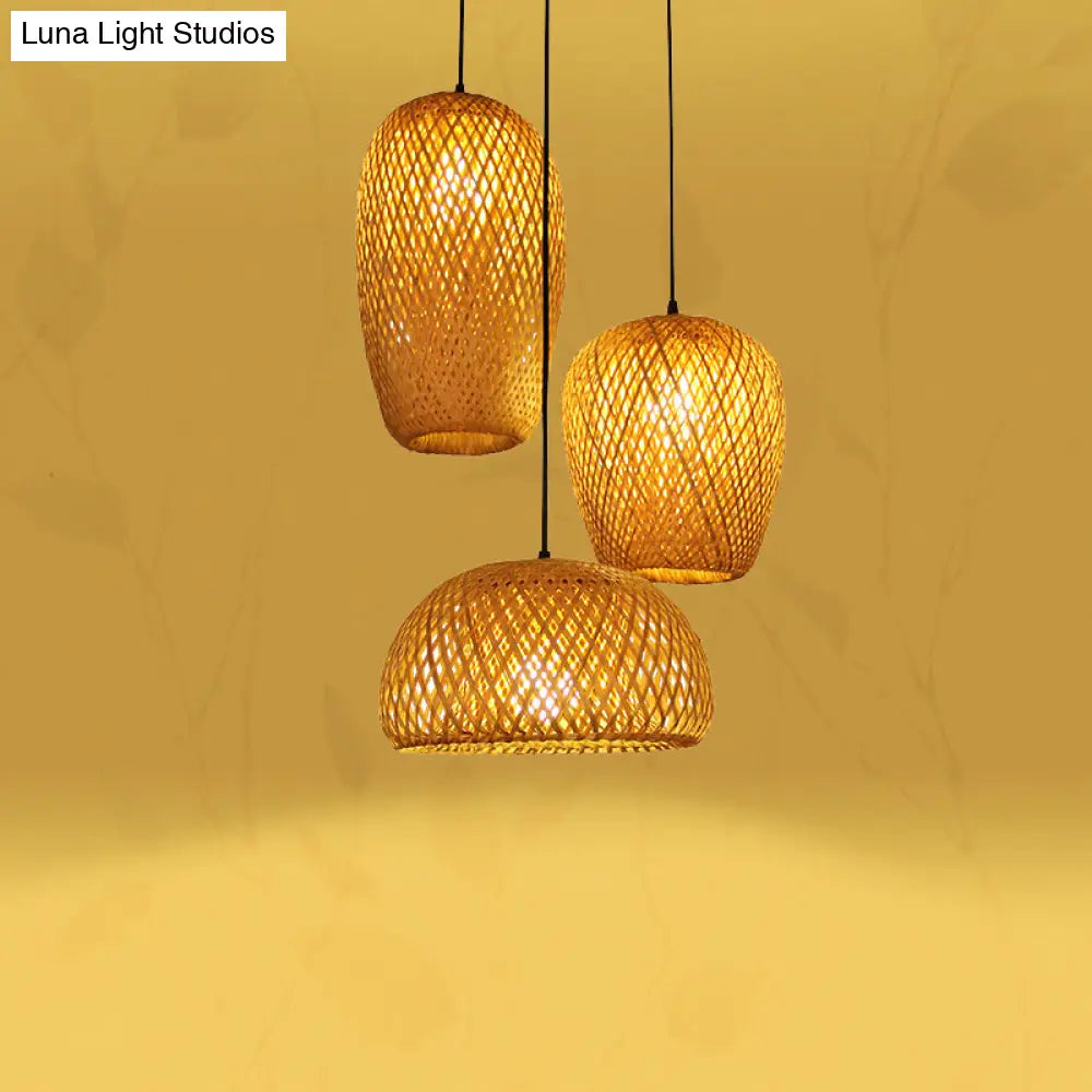 1/3-Bulb Beige Suspension Light With Bamboo Shade - Asian Style Mixed Shape/Ellipse/Droplet Hanging