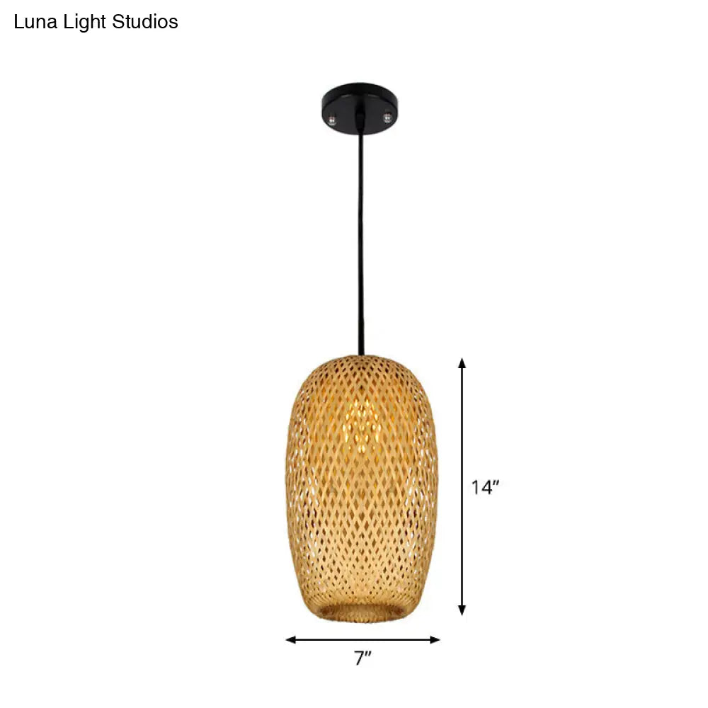 1/3-Bulb Suspension Light Beige With Bamboo Shade - Asian Inspired Hanging Pendant In Mixed