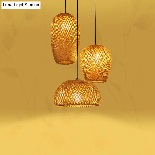 1/3-Bulb Suspension Light Beige With Bamboo Shade - Asian Inspired Hanging Pendant In Mixed