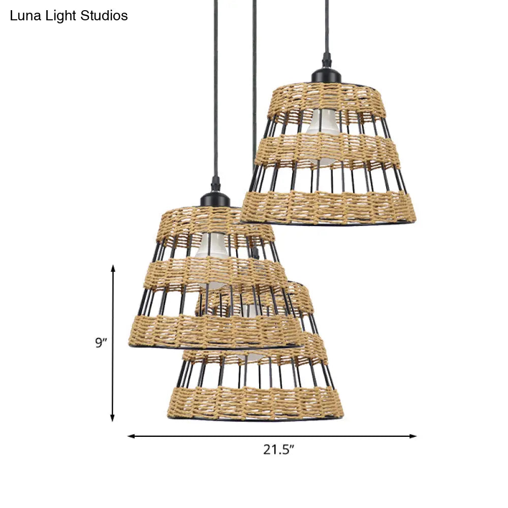 1/3-Head Asian Style Cone Hanging Pendant Lamp Metal And Rattan In Beige - For Restaurants