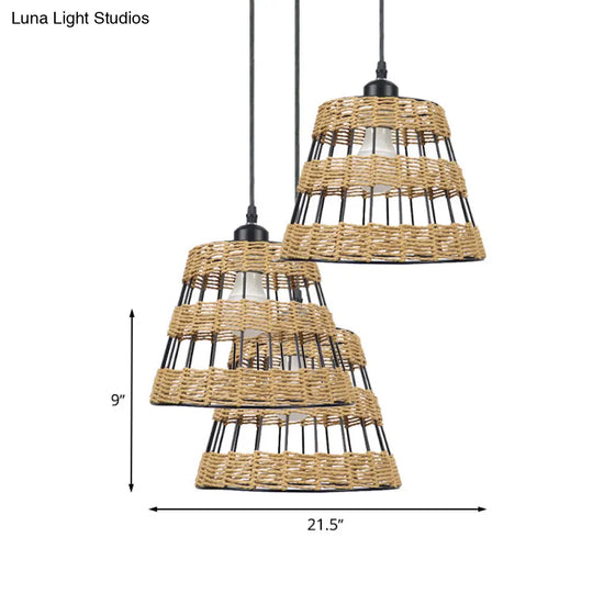 1/3-Head Asian Style Cone Hanging Pendant Lamp Metal And Rattan In Beige - For Restaurants