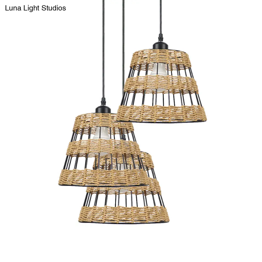 1/3-Head Asian Style Cone Hanging Pendant Lamp Metal And Rattan In Beige - For Restaurants