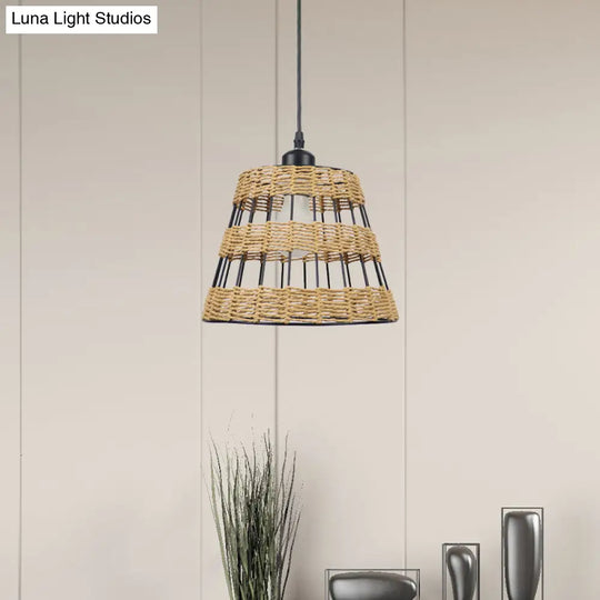 1/3-Head Asian Style Cone Hanging Pendant Lamp Metal And Rattan In Beige - For Restaurants