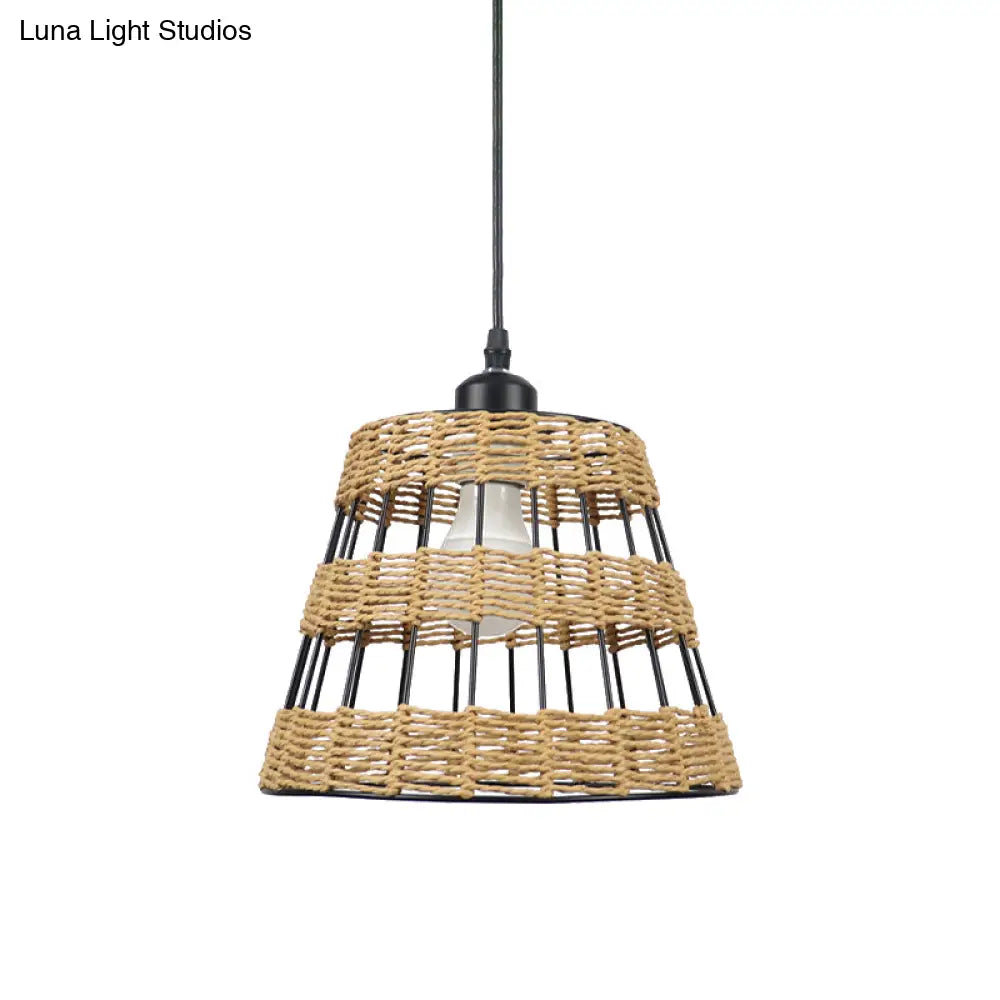 1/3-Head Asian Style Cone Hanging Pendant Lamp Metal And Rattan In Beige - For Restaurants