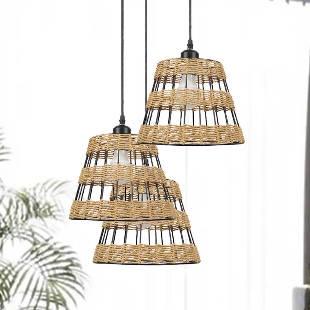 1/3-Head Asian Style Cone Hanging Pendant Lamp Metal And Rattan In Beige - For Restaurants 3 /