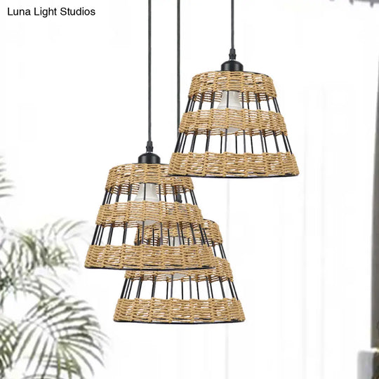 1/3-Head Asian Style Cone Hanging Pendant Lamp Metal And Rattan In Beige - For Restaurants