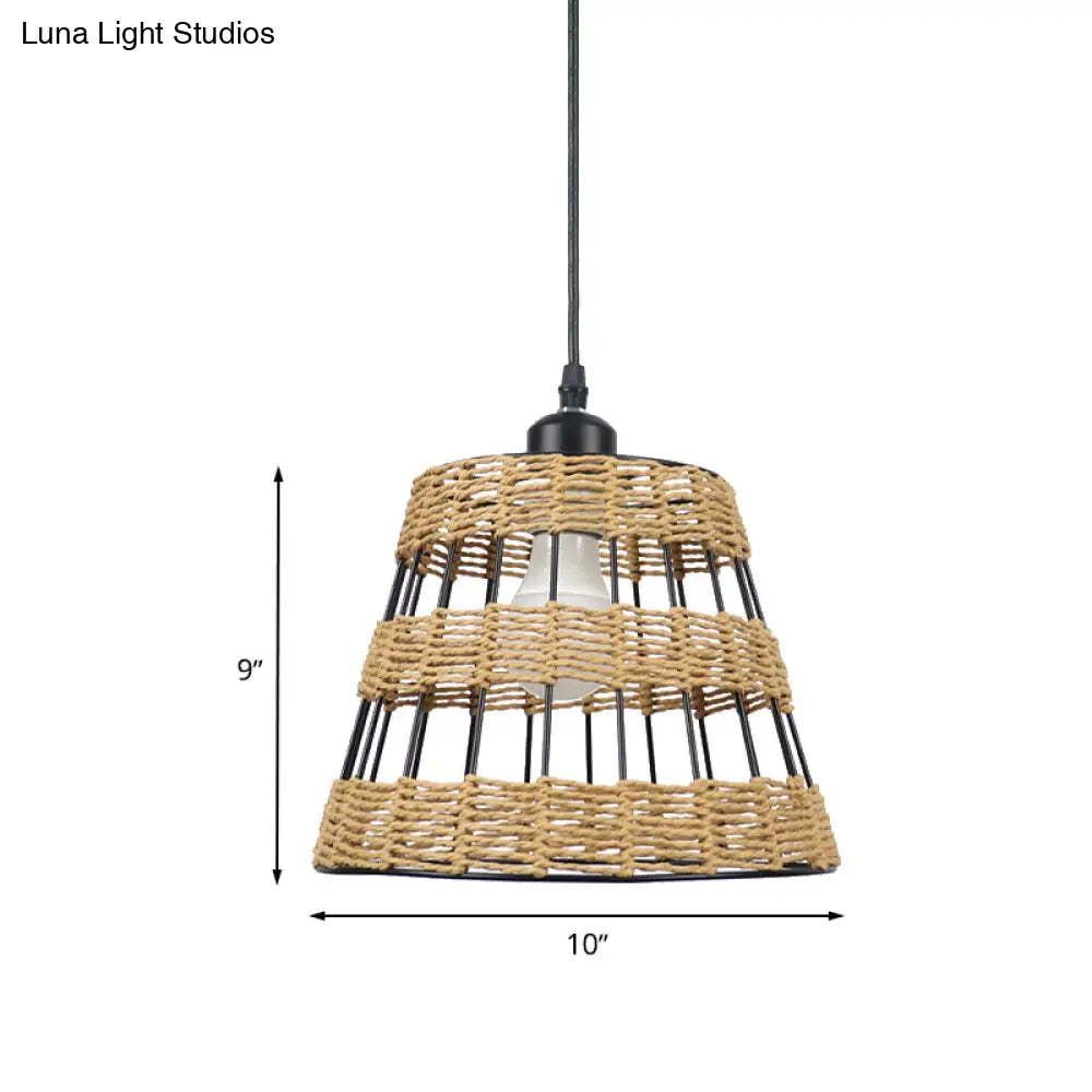 1/3-Head Asian Style Cone Hanging Pendant Lamp Metal And Rattan In Beige - For Restaurants