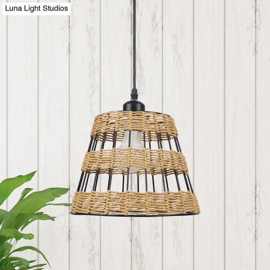 1/3-Head Asian Style Cone Hanging Pendant Lamp Metal And Rattan In Beige - For Restaurants